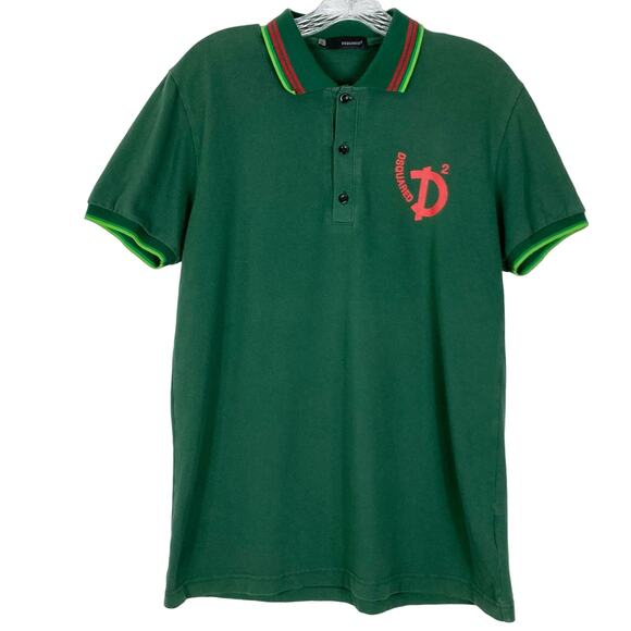 NWOT DSQUARED2 Polo Shirt Women XL Green Graphic Logo Stripe Hem Cotton - Picture 1 of 6